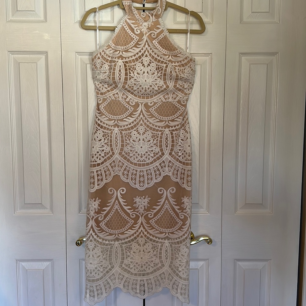 High Neck Lulus White Lace Midi Dress